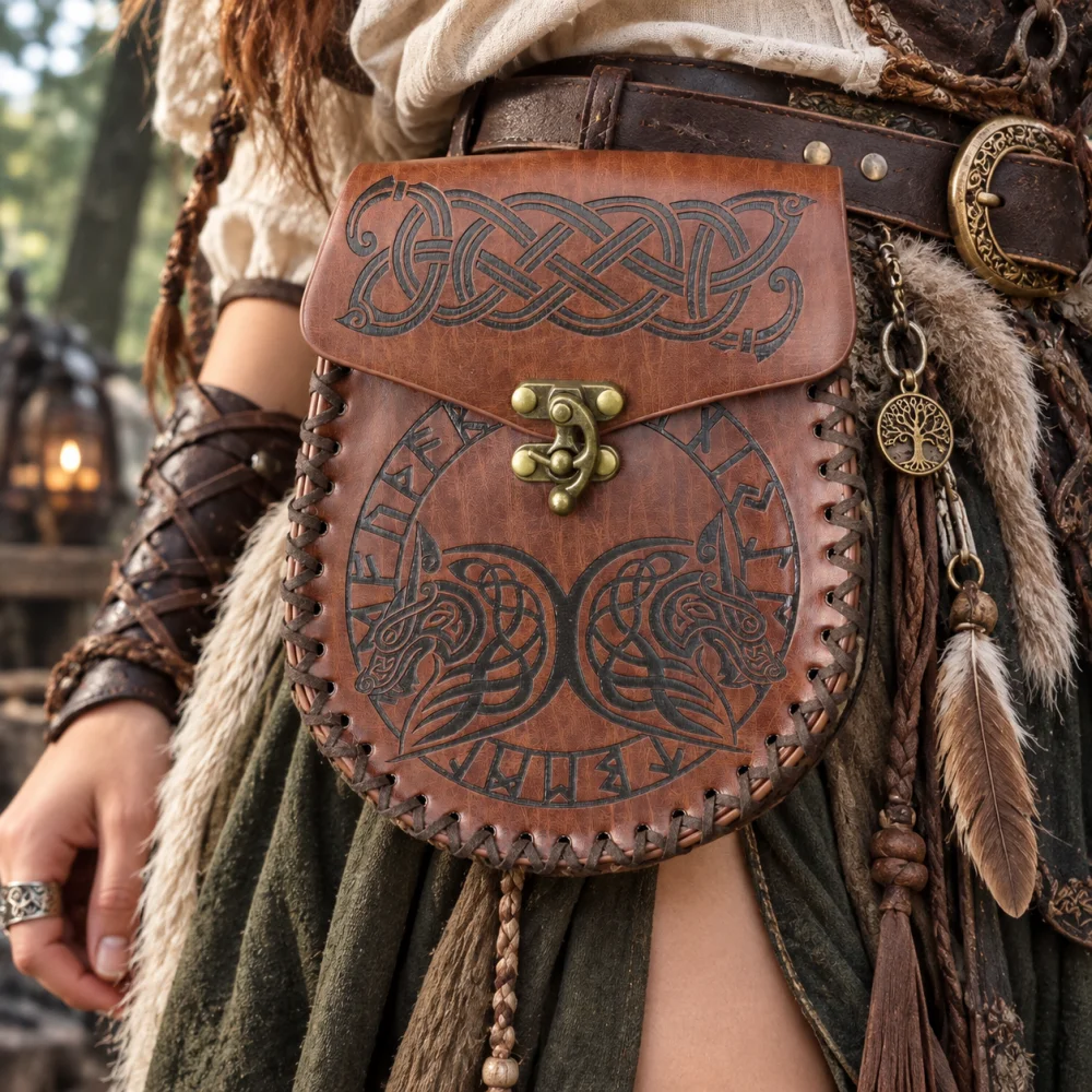 3PCS Medieval PU Leather Belt Set for Women, Black Long Waist Belt with Dragon Pouch & O-Ring Mug Holder, Elf Ranger Witch Vikin