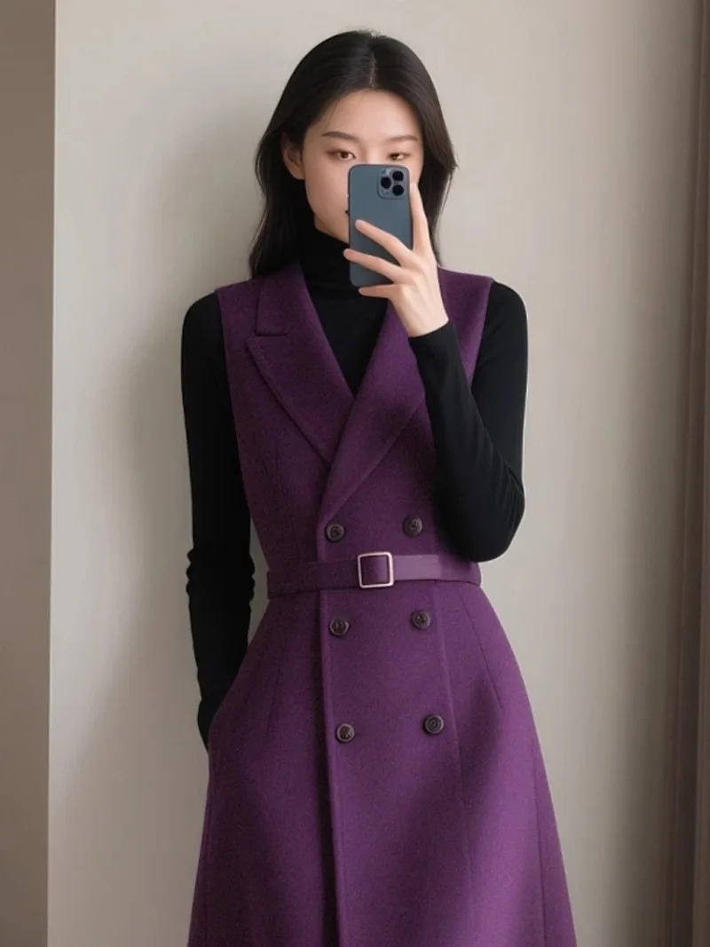 Autumn And Winter New Coat Temperament Sleeveless Suit Vest Jacket Medium And Long Coat Temperament High-End Commuting Lace-Up