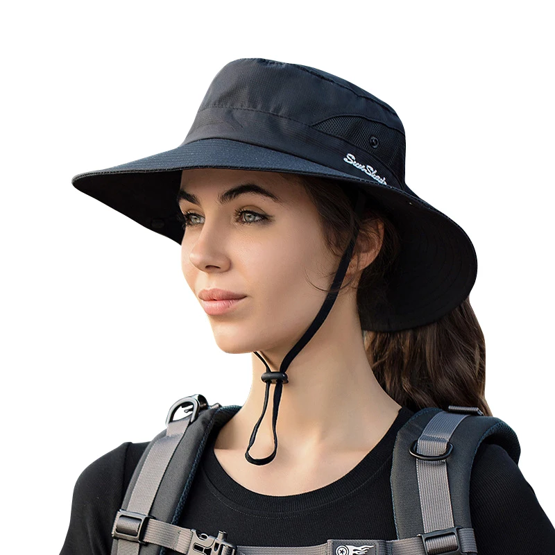 Women Summer Adjustable Bucket Hat with a Ponytail Hole Girls Sun Protection Hiking Cap Parent-child Outdoor Wide Brim Headgear