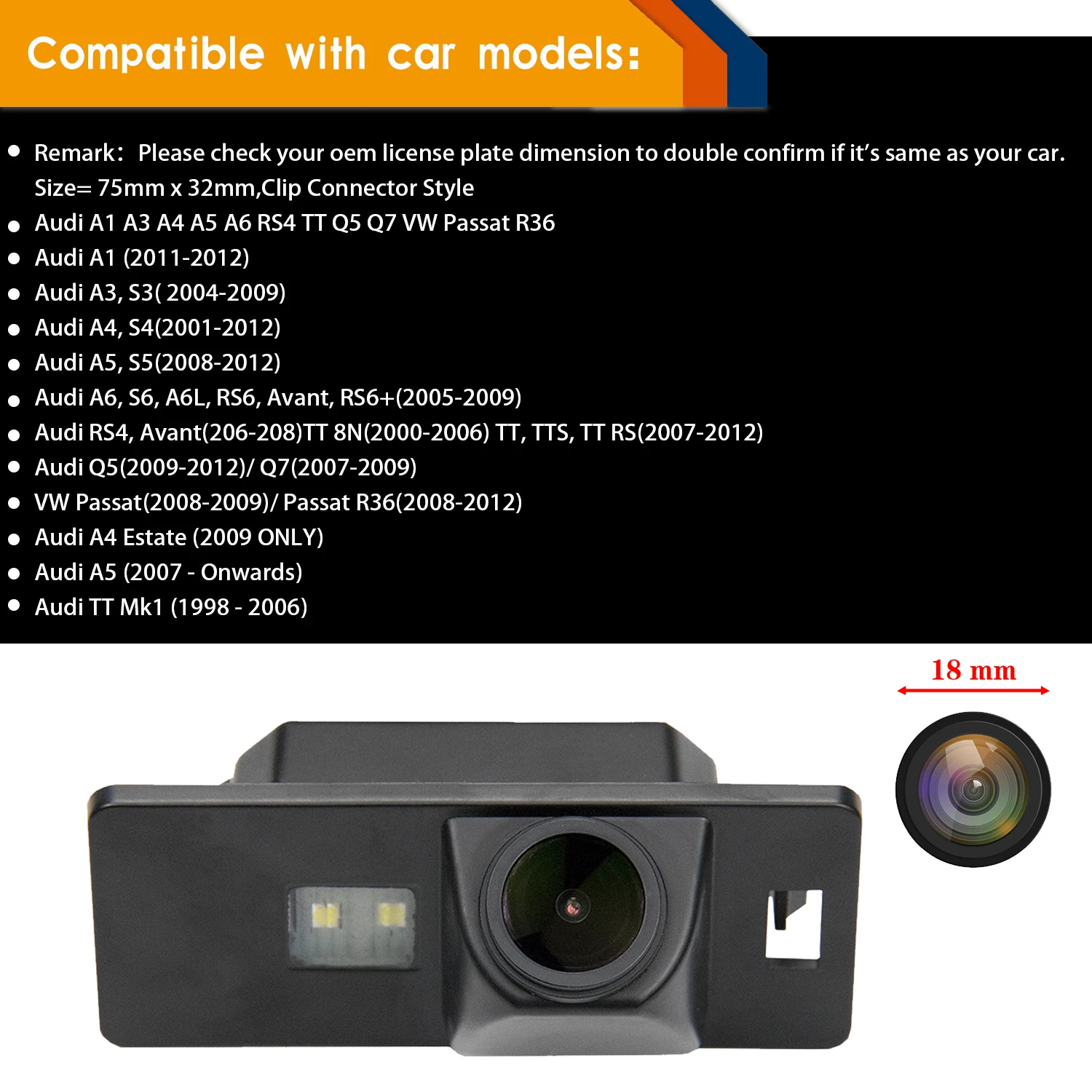 HD 720P Rear View Camera for Audi A1/Q3/A4L/TT/TTS/A5/Q5/A7/R8/A6/RS5/S6/S7 Passat 5D B7 B8 b9 R36, License Plate Light Camera