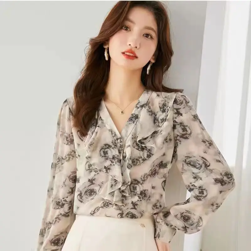 

Printed Chiffon Blouse Women's Spring and Autumn New Fashion Collar Ruffle Top Elegant Top