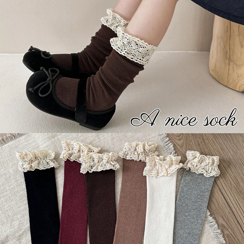New Spring Kids Knee-high Socks 3-10T Sweet Lace Trim GirlsIn Tube Socks Preppy Style 6 Colors Children Socks