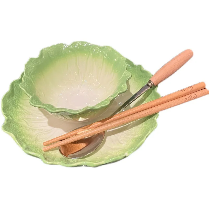 Creative Home Tableware Ceramic Cabbage Color Matching Pastoral Style Rice Ramen Bowl +Plate High-Grade Green Tableware