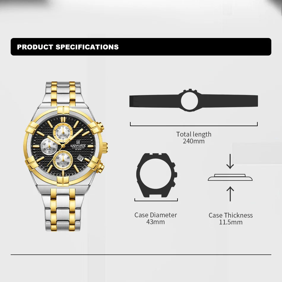 NAVIFORCE Fashion Watches for Men Luxury Business Stainless Steel Strap Quartz Wristwatches Waterproof Calendar Luminous Clock