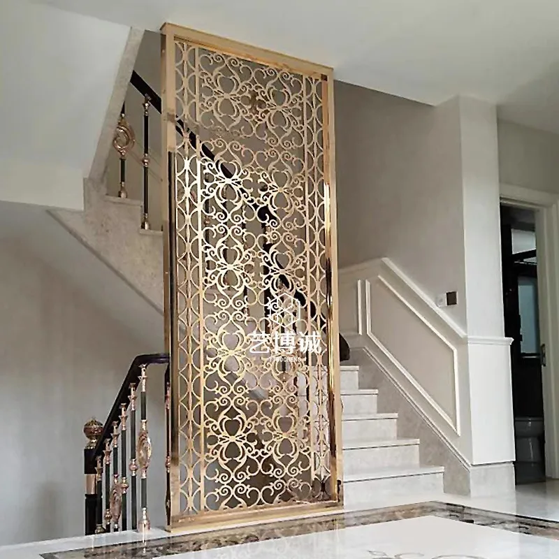 

Stainless steel screen dining room living room new Chinese partition aluminum hollow hotel light luxury grid