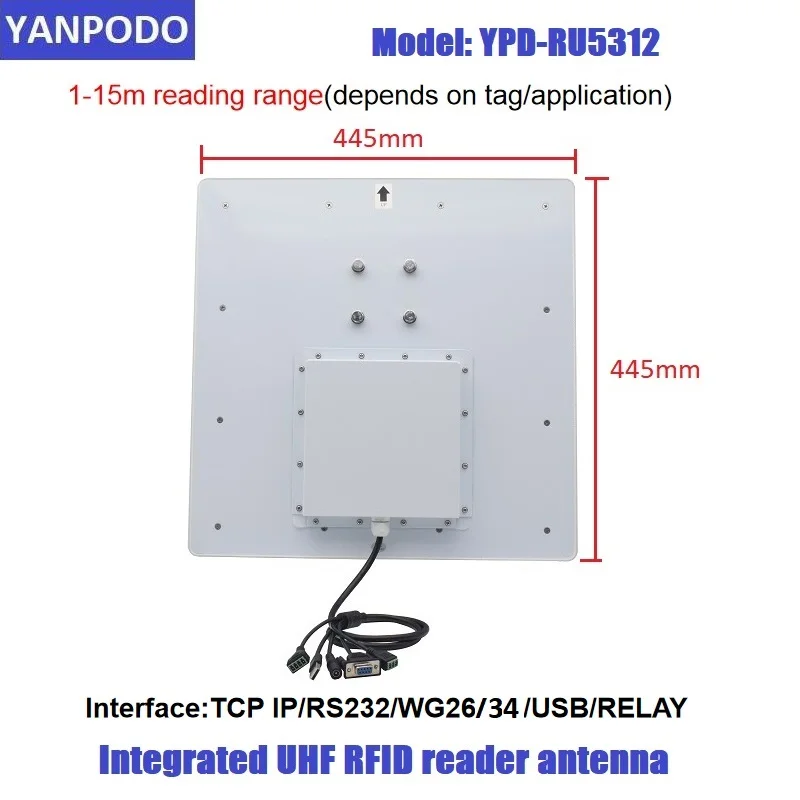 Imagem -03 - Yanpode-leitor Rfid Uhf de Longo Alcance Integrado 115m 12dbi Integrado Relé de Antena Usb Tcp Interface ip para Controle de Acesso