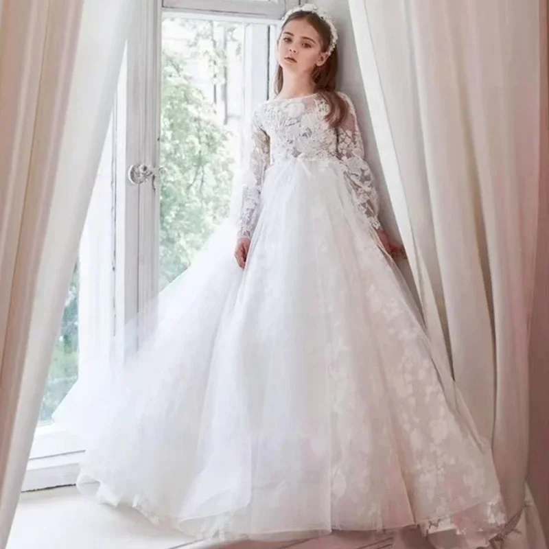 Flower Girl Dresses Long Sleeve Sheer Neck Ball Gown Little Girl For Wedding Party First Communion Pageant Dresses