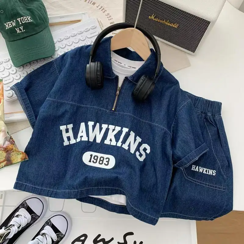 

Boys Cotton Summer Suit 2025 New Baby Fashion Print Clothes Children Korean Handsome Short-sleeved Shirt + Denim Shorts 2pcs