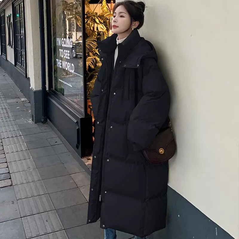 2023 New Women Down Cotton Coat Winter Jacket Female Long Over The Knee Parkas Loose Thick Outwear Solid Color Hooded Overcoat