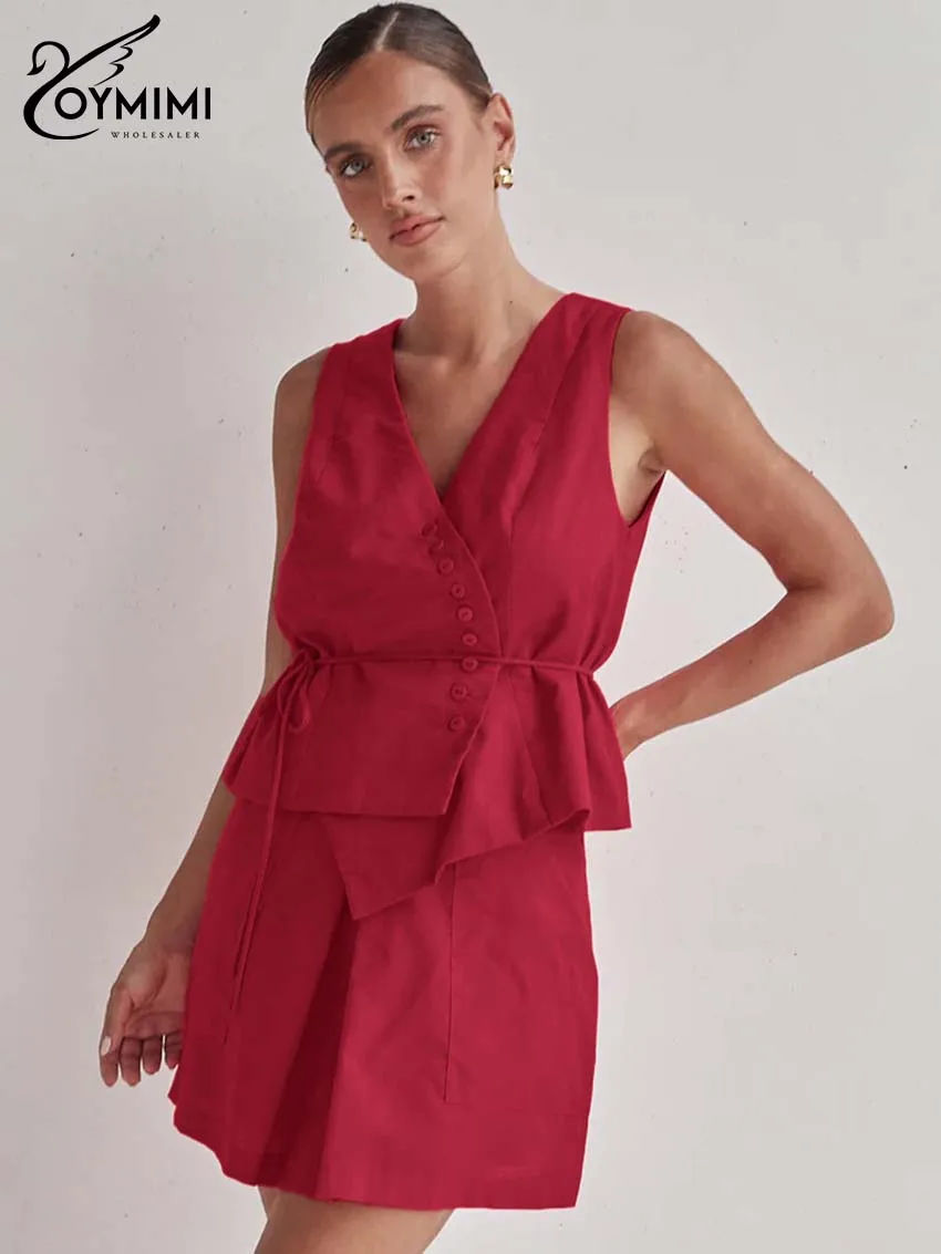 

Oymimi Fashion Red 2 Piece Sets Woman Outfits Casual V-Neck Sleeveless Button Lace-Up Shirts And Pockets Mini Skirts Female Sets