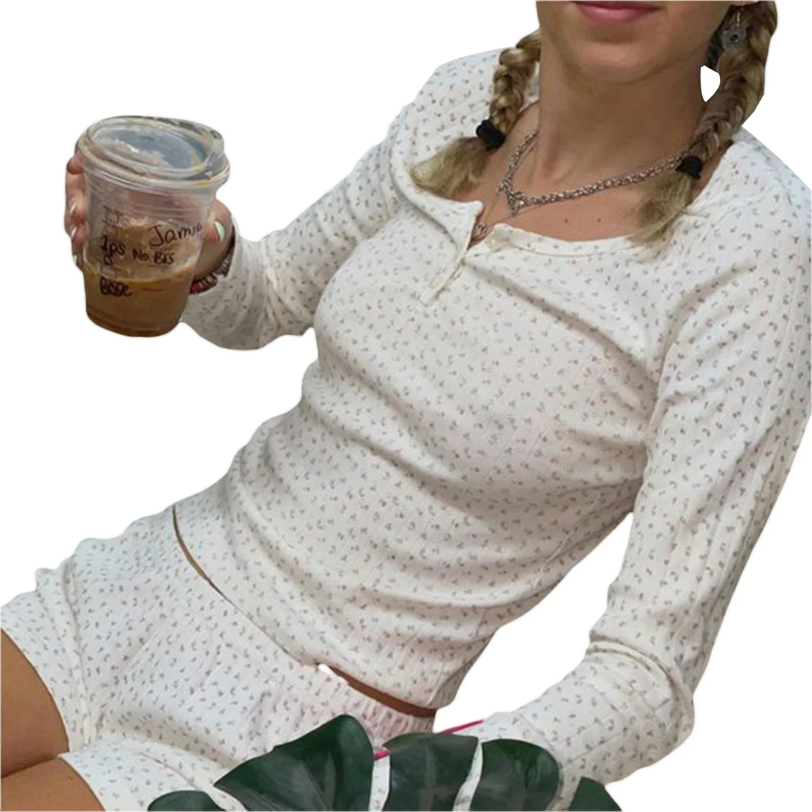 Women Fall Shorts Outfits Floral Print Buttons Round Neck Long Sleeve T-Shirts Elastic Waist Shorts 2 Pieces Clothes Set