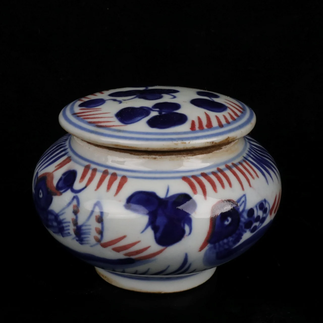 Jingdezhen Blue and White Glazed Red Mandarin Ducks Playing in the Water Pattern Flat Top Pot Antique Porcelain Decoration