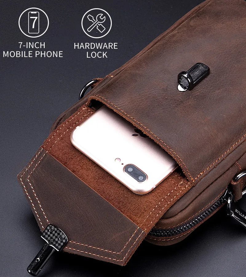 BULLCAPTAIN Crazy Horse Leather Men\'s Waist Bags Multifunctional 7-inch Mobile Phone Bag Bag Male Shoulder Messenger Bages Brown