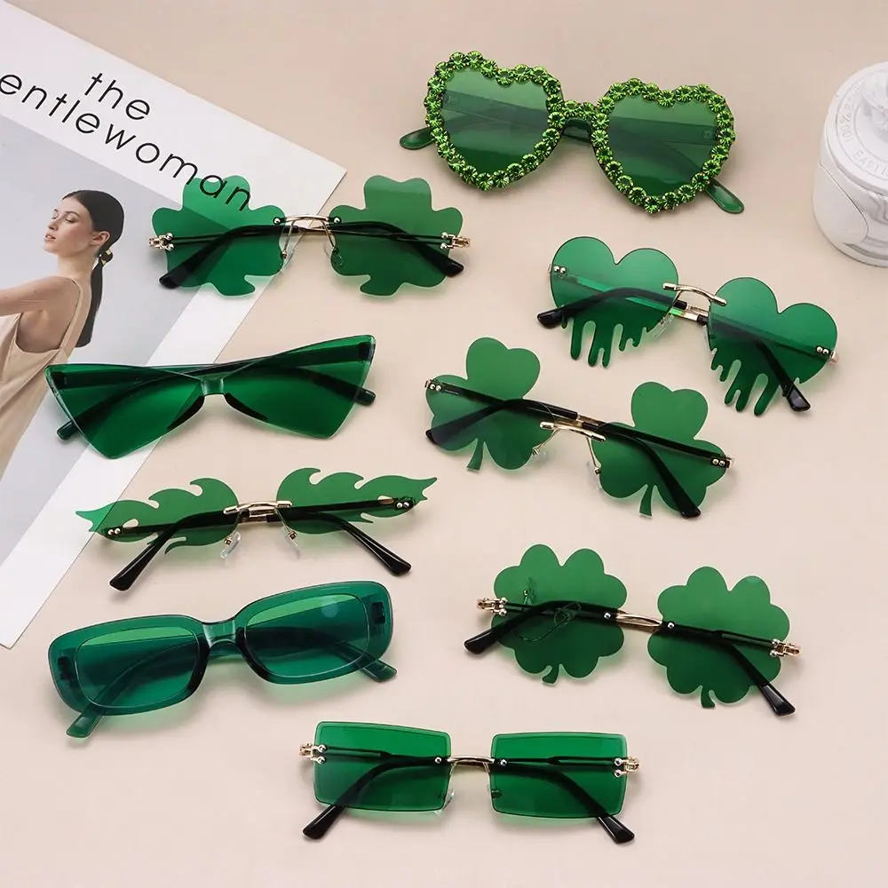 Rimless Women Men Leprechaun Costume Glasses Irish Shamrock Sunglasses Green Four Leaf Clover Glasses St. Patrick's Day