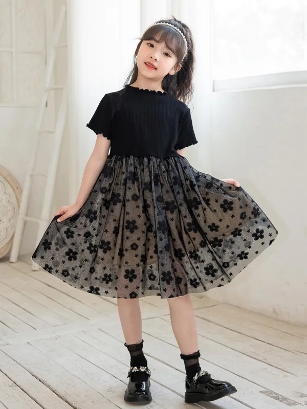 

Summer Party Princess Dress for Girls Patchwork Short Sleeve Flower Mesh Lace Layered Toddler Teens Clothes 4-10 Years Old