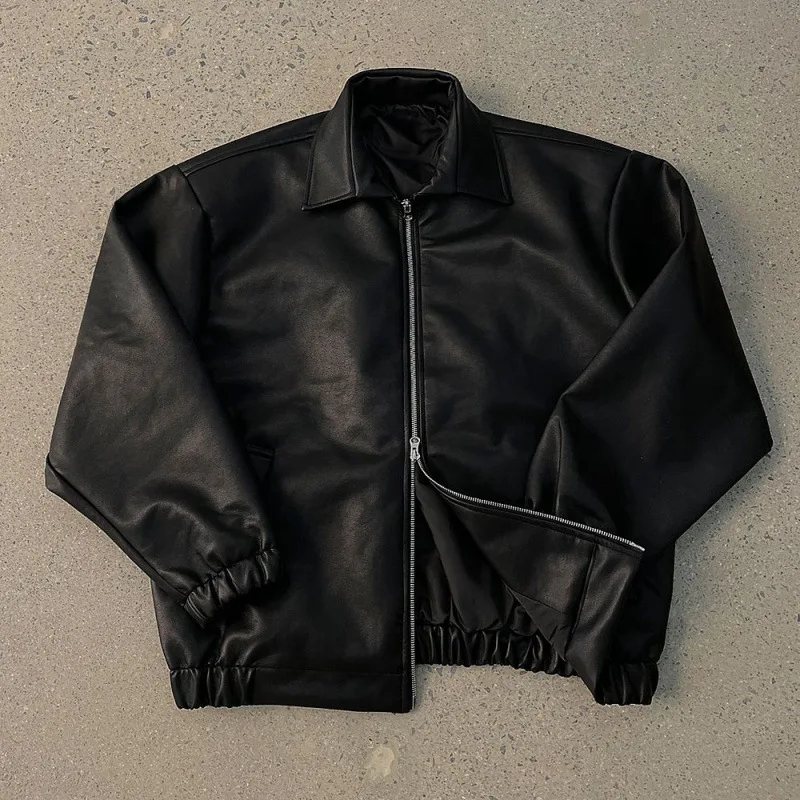 

Vintage Men's Solid Color Turn-down Collar Long Sleeve Zipper Casual Trendy Loose Simple Basic Faux Leather Jackets Male Coats