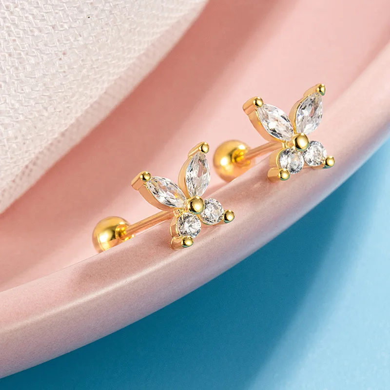 2PCS Elegant Butterfly Screw Stud Earrings, Shiny Zircon