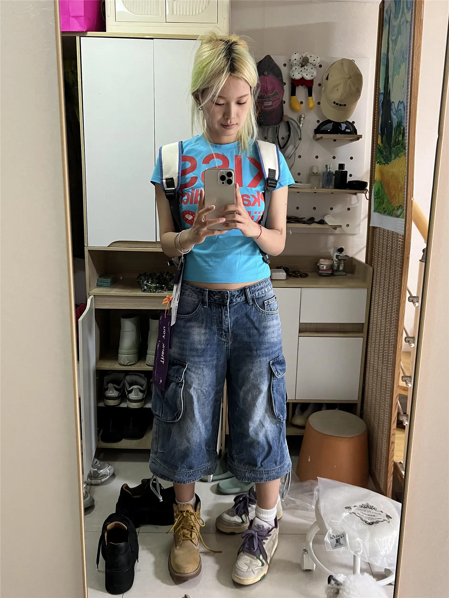 

Американские ретро-шорты из денима с низкой посадкой, свободного кроя, на шнурке, женские, летние, утягивающие, с множеством карманов, широкие, повседневные джинсовые шорты