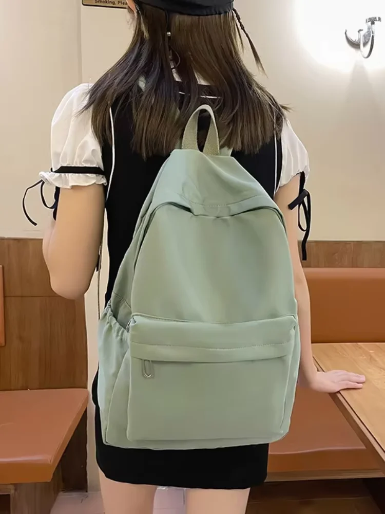 Women Nylon Schoolbag Waterproof Large Capacity School Backpack Smooth Zipper Solid Color Teens Girl Casual Daypack Student Bag
