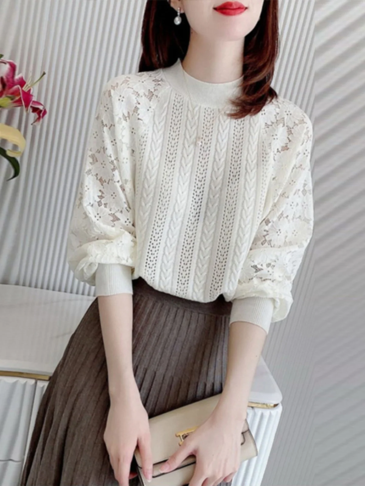 

Роскошный брендовый женский вязаный шерстяной базовый слой, кружевной свитер, удобный крой, длинный свеч, круглый, полиэстер, вискозная смесь