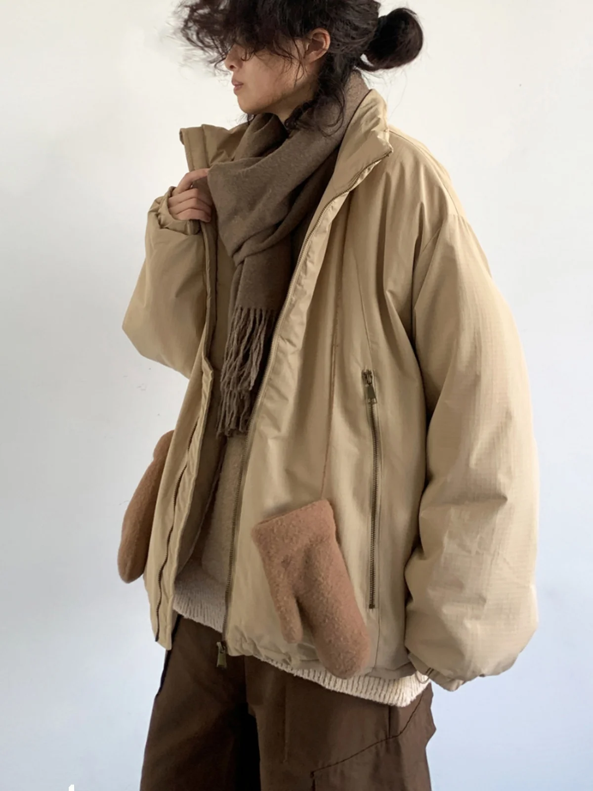 

Ретро-куртка цвета хаки из хлопка, на молнии, свободного кроя, удлиненная, молодежная, модная, теплая, утолщенная, повседневная