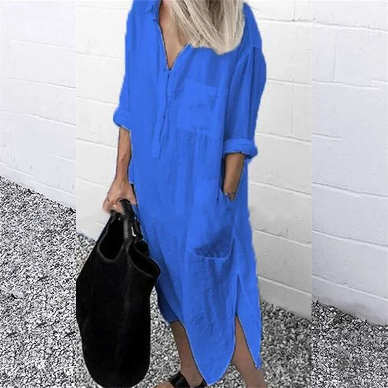 Frauen elegante Baumwolle Leinen einfarbige Kleider Sommer bequeme weibliche lässige Pendler Kleid Multi-Pocket Split Saum lose Kleid – Detail 10