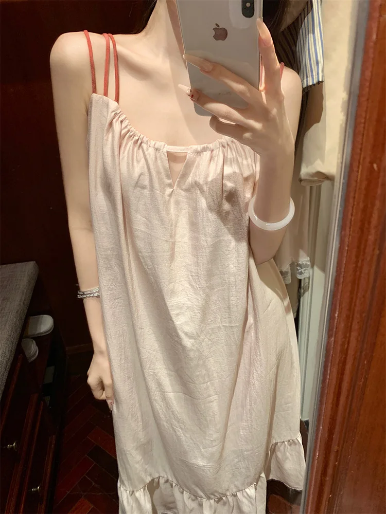 

New Sexy Home Solid Sweet Loose Elegant Sleeveless Sling NightDress Women Summer Holiday style Korean Simple Casual Sleepwear