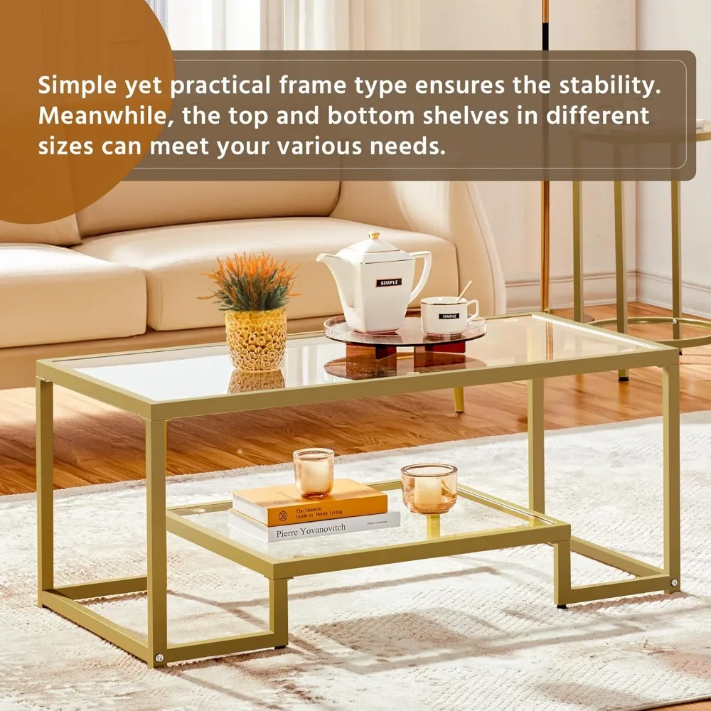 Gold Coffee Table, 42" Rectangular Glass Coffee Table for Living Room, 2-Tier Center Tea Tables with Metal Frame for Small Spac