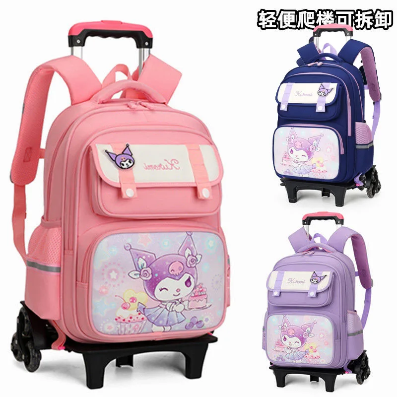

Sanrios Kuromi Trolley School Bag Student Cartoon Backpack with Wheels Spine Protection Boys and Girls Large Capacity School Bag