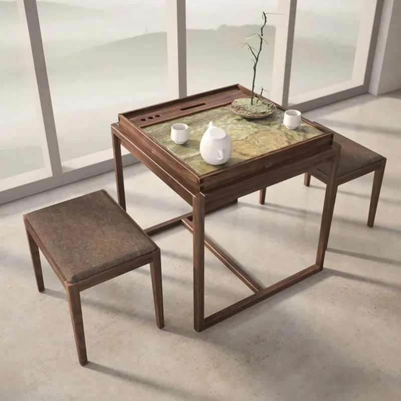 Balcony small tea table and chairs, Chinese black walnut solid wood, simple modern home, minimalist Zen tea table for making tea