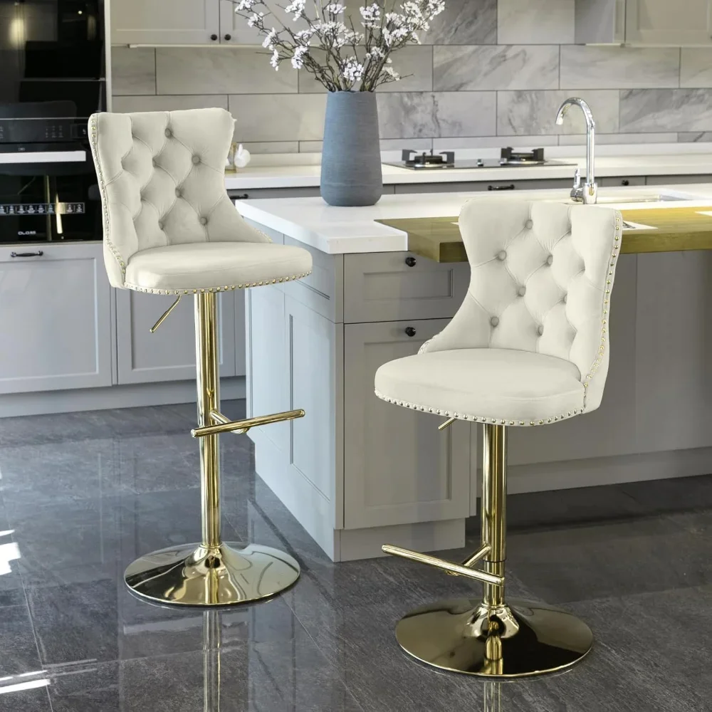 Set di 2 sgabelli da bar girevoli ad altezza bancone, sgabelli da bar color crema per isola cucina, sedie sgabelli da bar regolabili in velluto