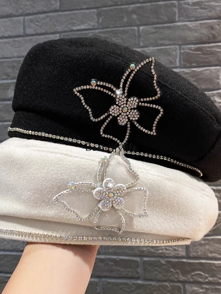 Korean butterfly rhinestone beret female British retro foreign fashion painter hat