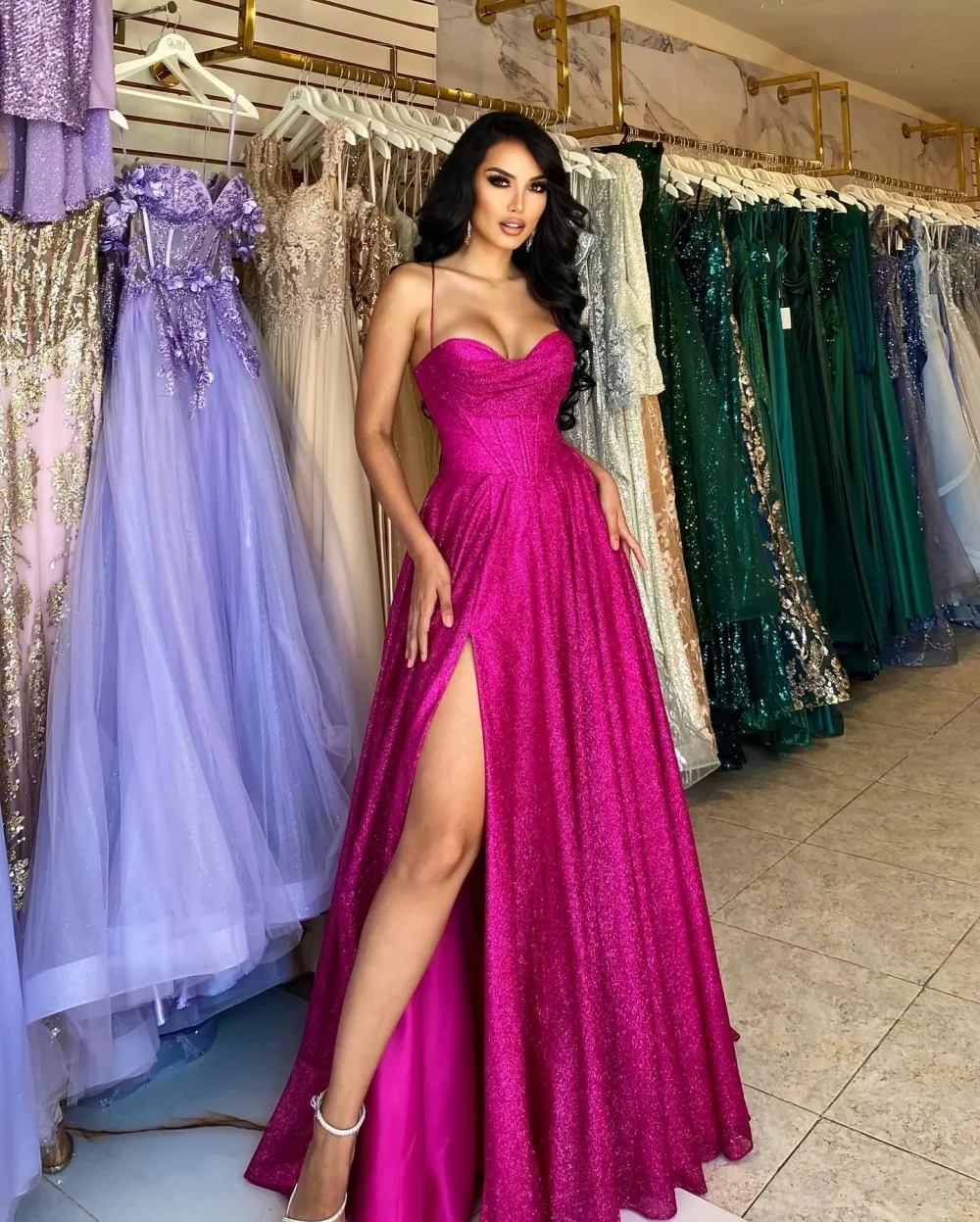 

New Shiny Prom Dress Sweethear Neck A-Line Wedding Party Dress 2024 Beauty Pageant Dress Vestidos Sexy Side Split Evening Dress