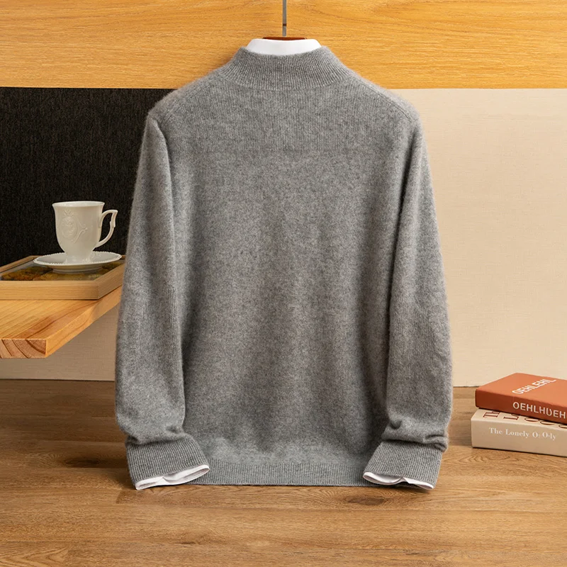 Cashmere sweater men's half high neck thickened 100% pure cashmere autumn/winter mid-neck half zip high-end knit sweater coat