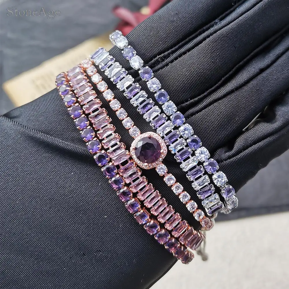 Adjustable Folding Buckle Trendy Purple Zirconia Crystal Tennis Bracelets for Women Dainty Hand Chain Gifts for Female Jewelry