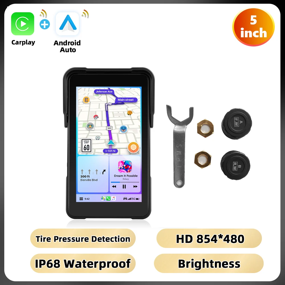 Podofo 5 ''verticaal scherm motorfietsmonitor Carplay Android Auto IP68 waterdichte helderheidsaanpassing BT Smart Screen-speler