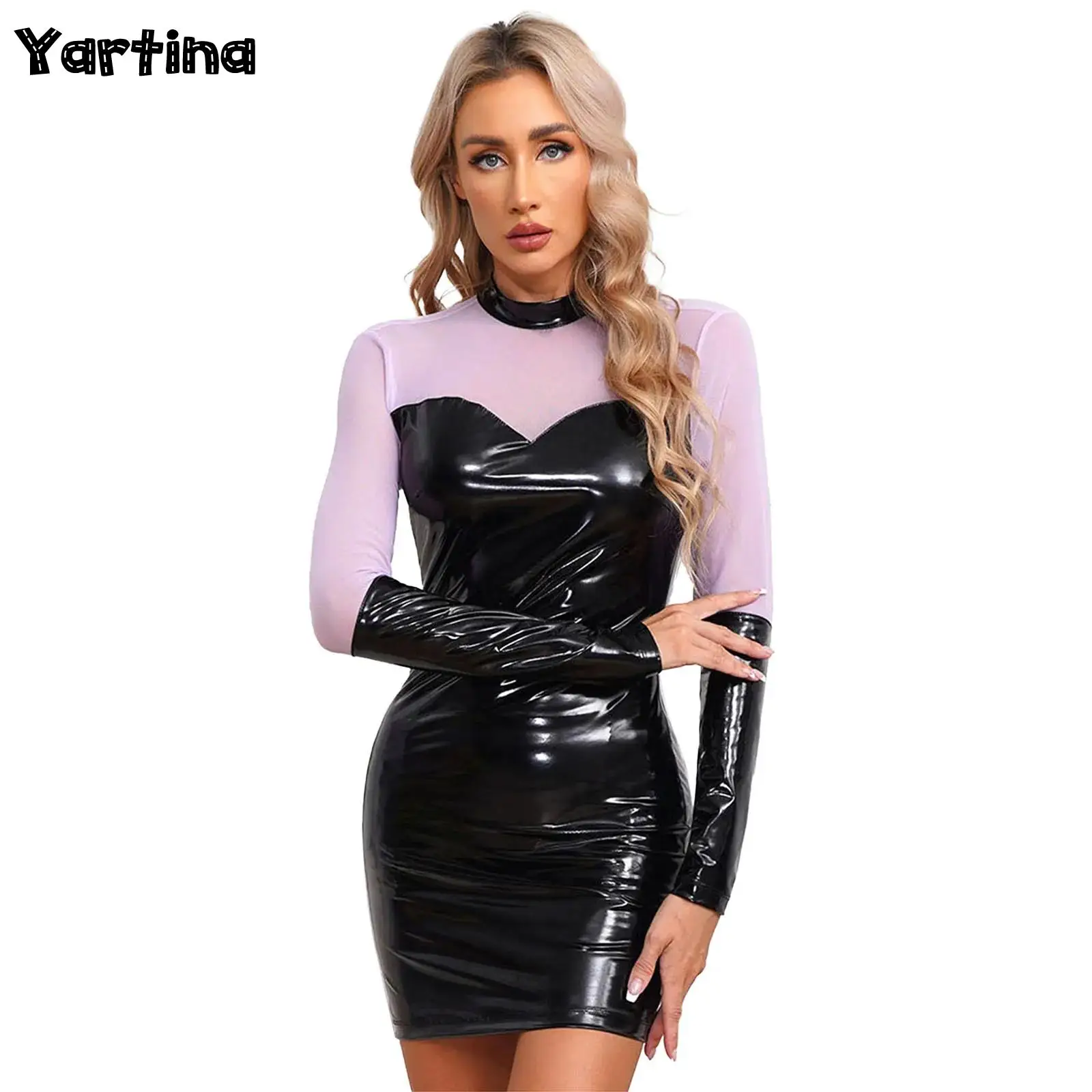 Womens Halloween Anime Twisted Witch Cosplay Costumes Back Zipper Tight Dresses Long Sleeve Patent Leather Bodycon Club Dress