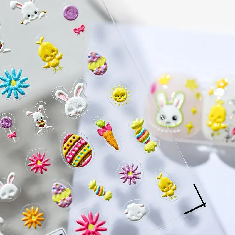 Easter Eggs Cute Bunny Candy Tulip Flower Mushroom Chick Lovely Rabbit Dog Cat Apple Nail Art Stickers Manicure Decoration Decal