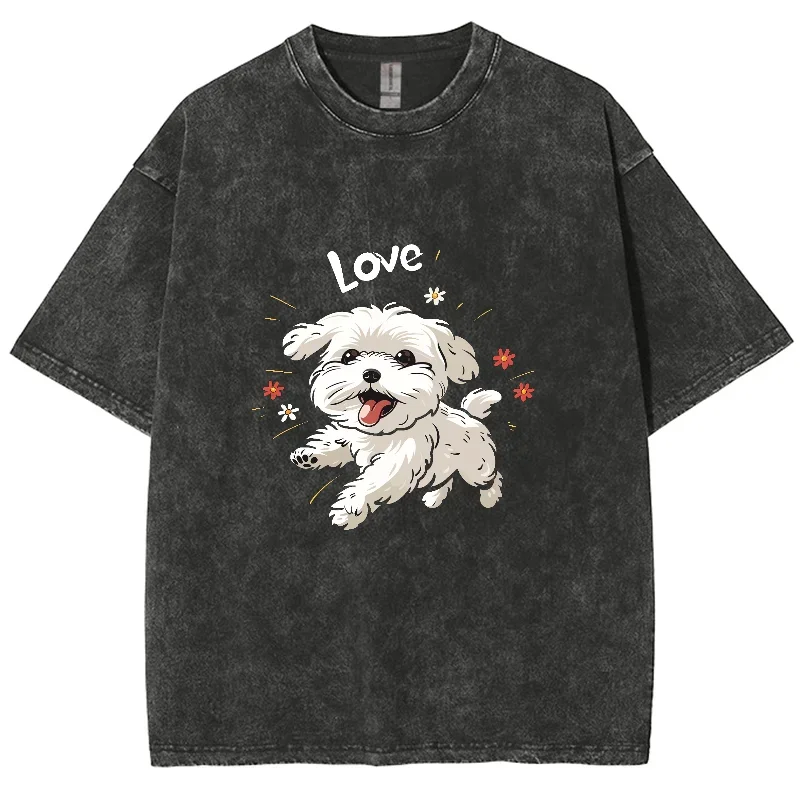 Hand Painted White Bichon Terrier Print Wash T-Shirt Oversized Crew Neck Cotton Half Sleeve Summer Cute Sweetheart Top Y2K