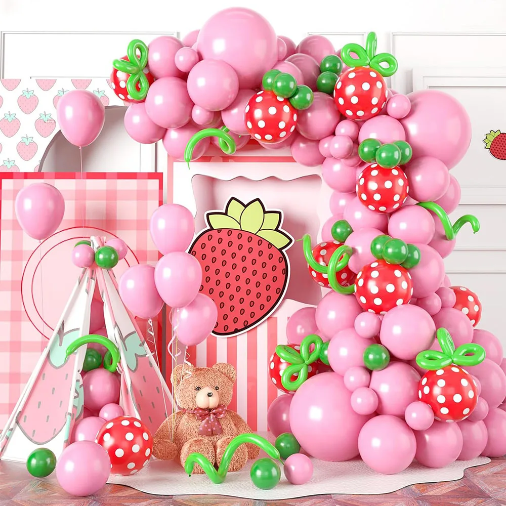 Strawberry Balloon Arch, 128 Pieces Strawberry Party Decoration, Pink Green Red Polka Dot Latex Balloon, Diy Leaf and Strawberry Birthday Theme Party Decoration Girl Baby Shower Supplies