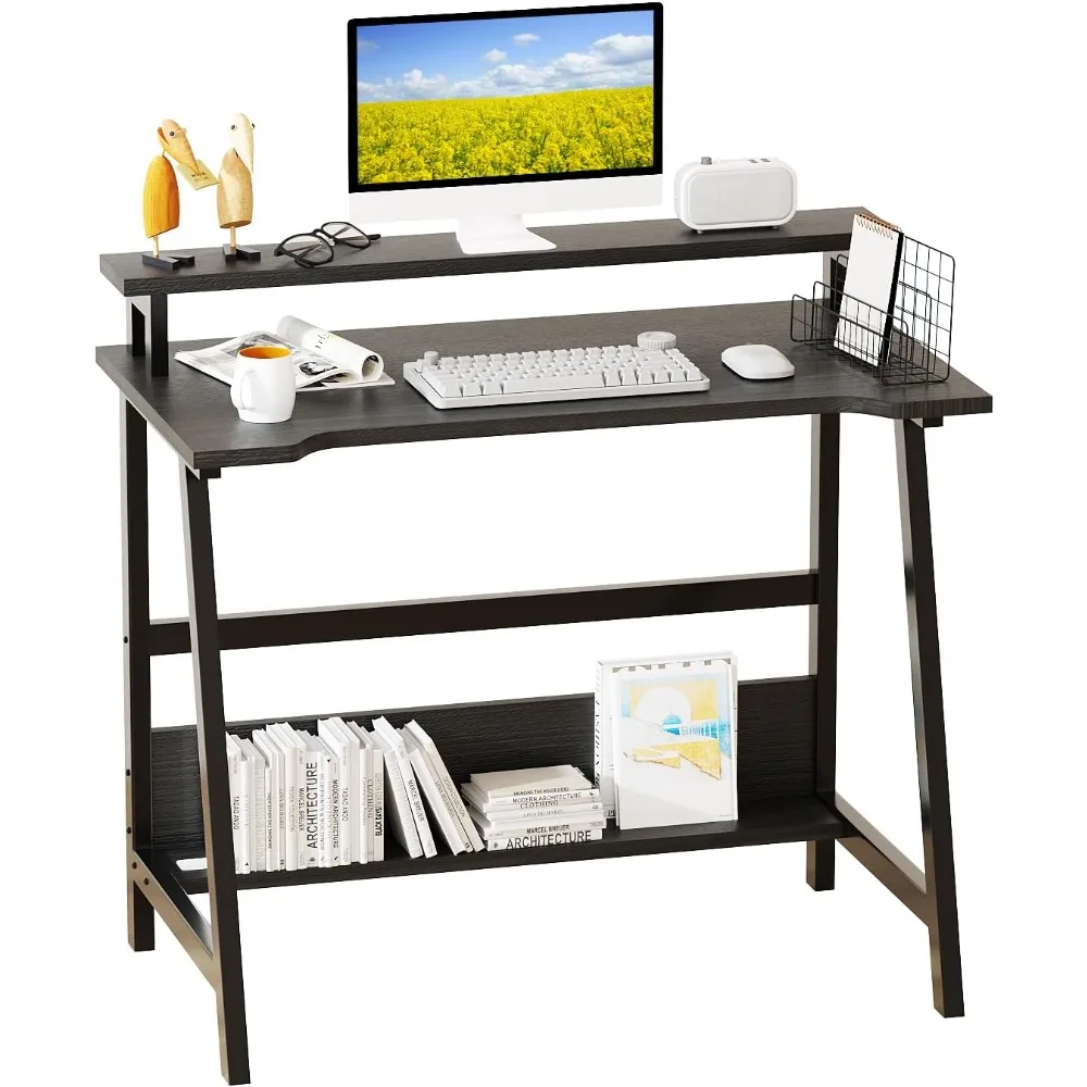 

Computer Home Office Desk,31.5"Desk for Small Spaces,Storage Shelf,Small Computer Desk with Monitor and Bookshelf,Modern Simple