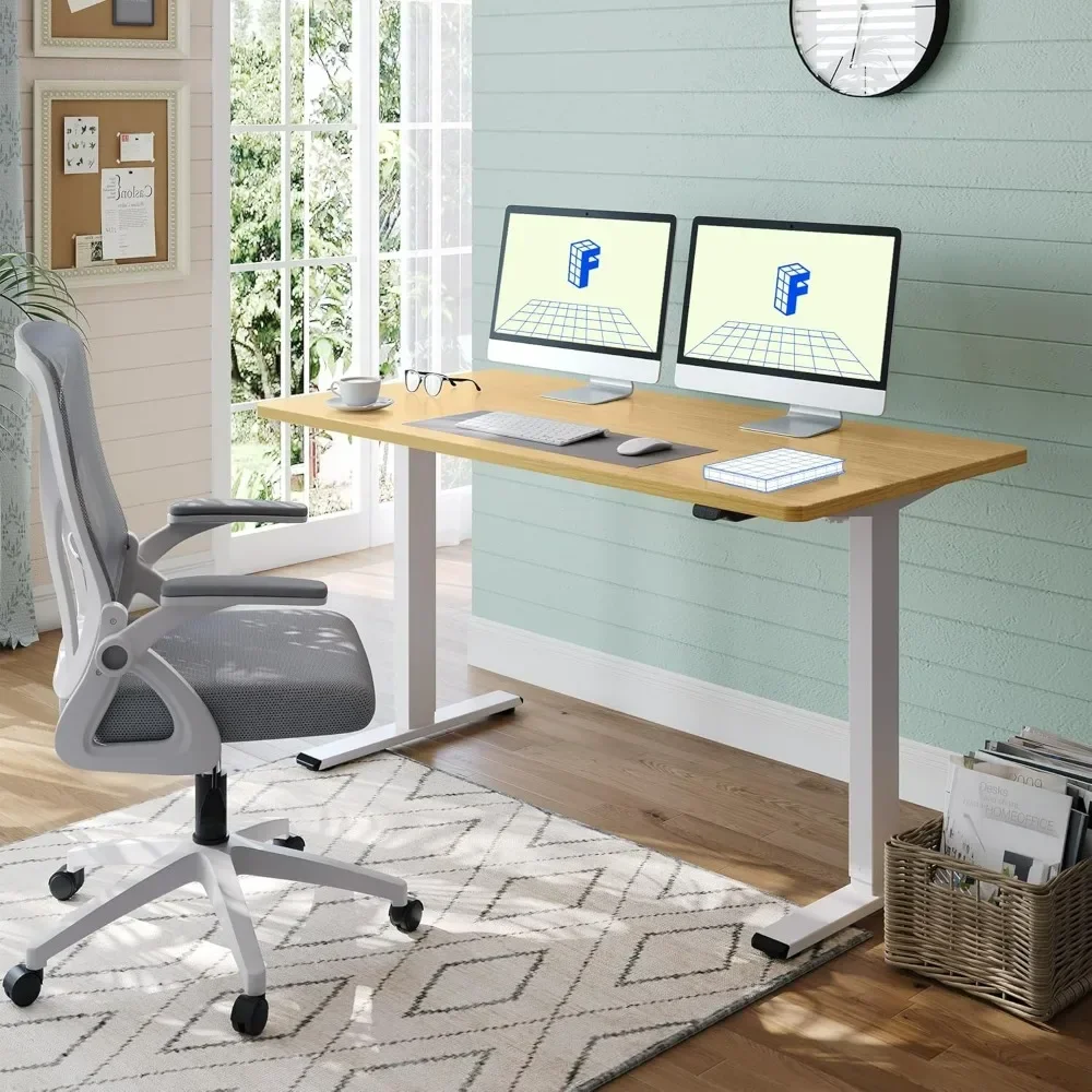 Office Desk Electric High Standing Full 55 X 28 Inch Desktop Home Office Computer Workstation Sit Up (White Frame Mahogany)