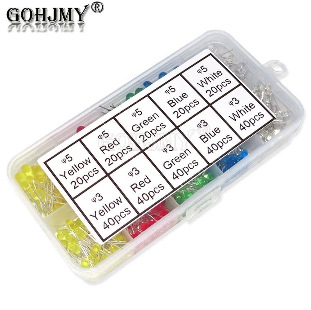 300PCS 10 value 3mm 5mm LED Light White Yellow Red Green Blue Assorted Kit DIY LEDs Set 3V 20mA