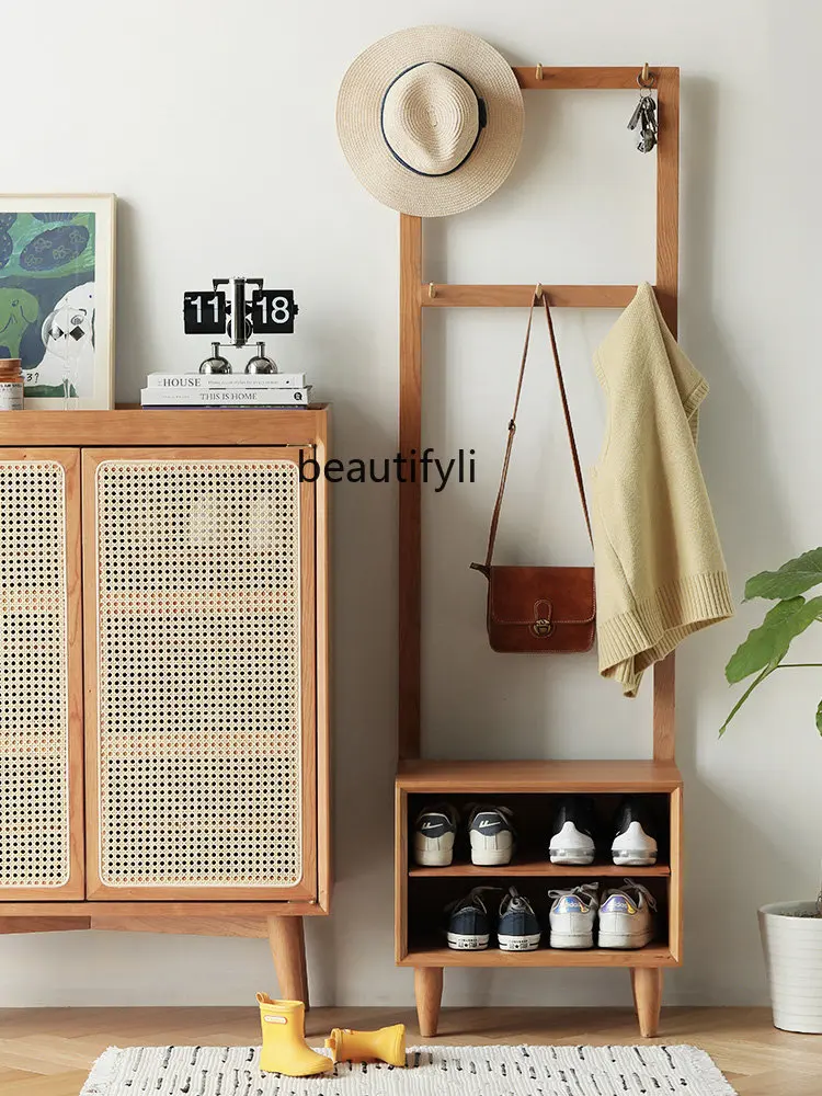 zq Shoe Cabinet Hallway Home Doorway Large Capacity Storage Rattan Breathable White Oak Nordic Solid Wood Cabinets