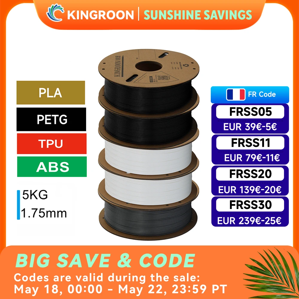 KINGROON – Filament d'imprimante 3D PLA PETG TPU ABS, lot de 5KG, noir, blanc, gris, 1.75mm, sans bulles, plastique, 5 rouleaux de 1kg, bobine aléatoire