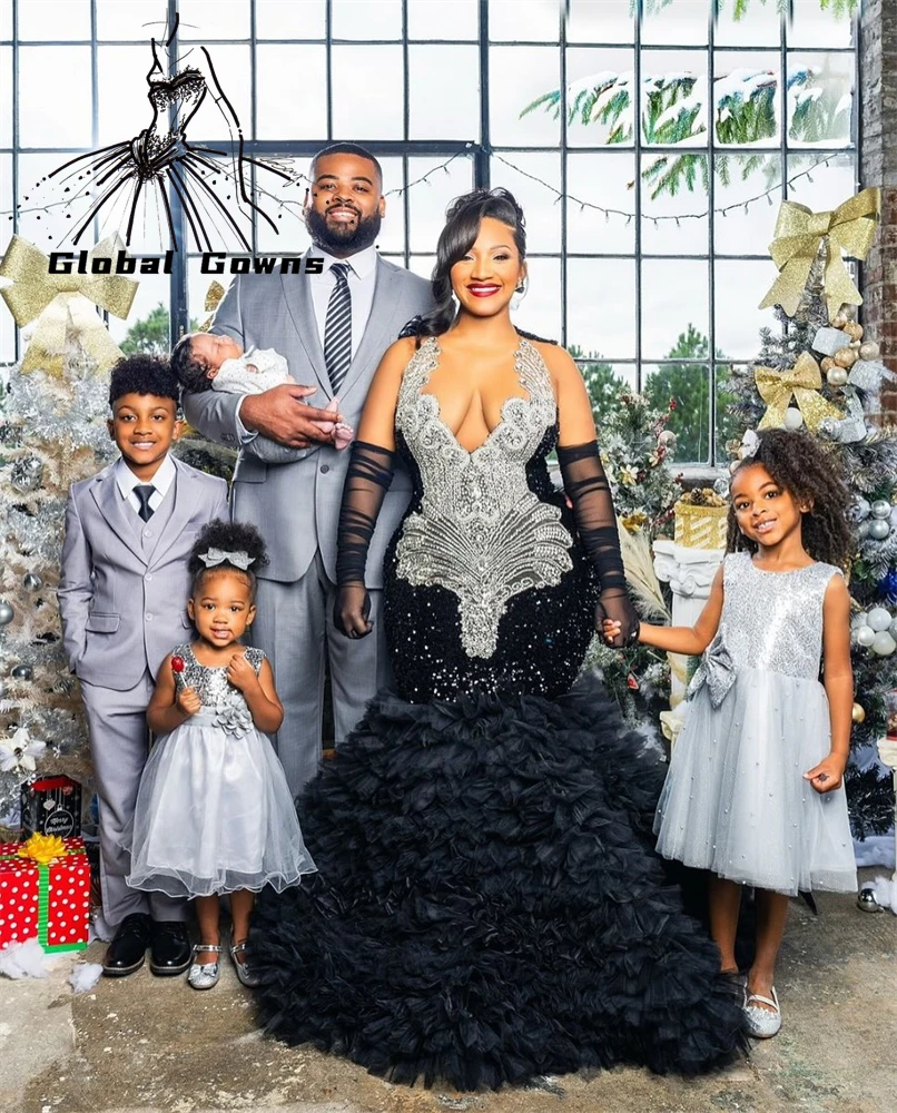 

Sexy Black Sequin Long Prom Dresses Black Girls Ruffles Gloves Birthday Party Dress Bead Crystal Beauty Pageant Gowns Customized