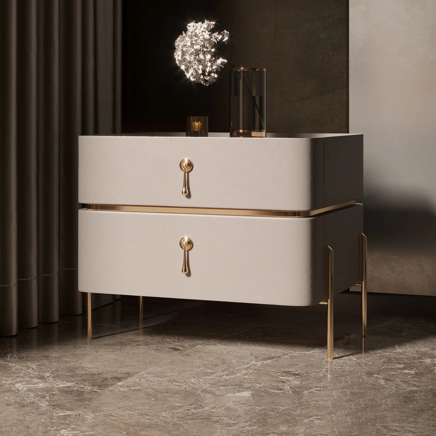 

Luxurious Leather Modern Italian Style Bedside Table with Storage for Small Spaces Bedroom Furniture
