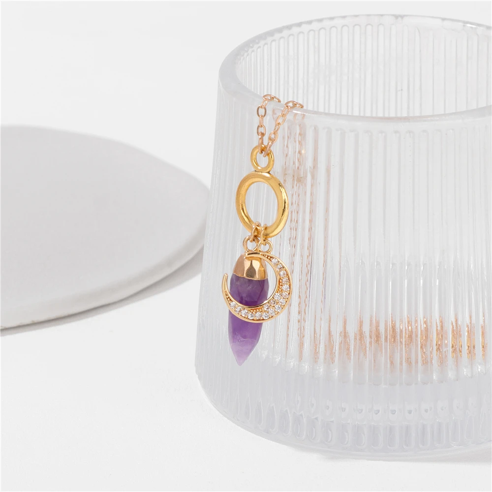 Reiki Amethyst Nib Shape Charm Necklaces Shiny Gold Color Moon Pendant Necklaces Natural Stone Necklace For Women Men Party Gift