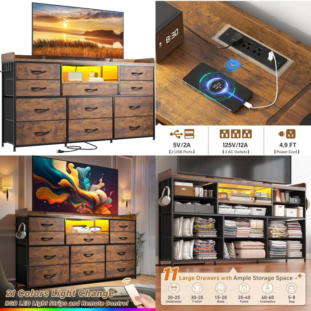 حامل تلفزيون بإضاءة LED 60 مع منافذ طاقة و11 درجًا لغرفة النوم، وخزانة طويلة مع رفوف للتخزين الحديث #1