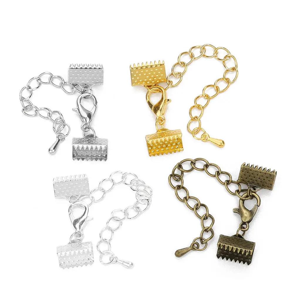 

10Pcs Flat Cord End Caps for DIY Bracelet Necklace Craft 5Cm Iron Chain 12Mm Lobster Clasp Crimp Terminals Ribbon Connectors
